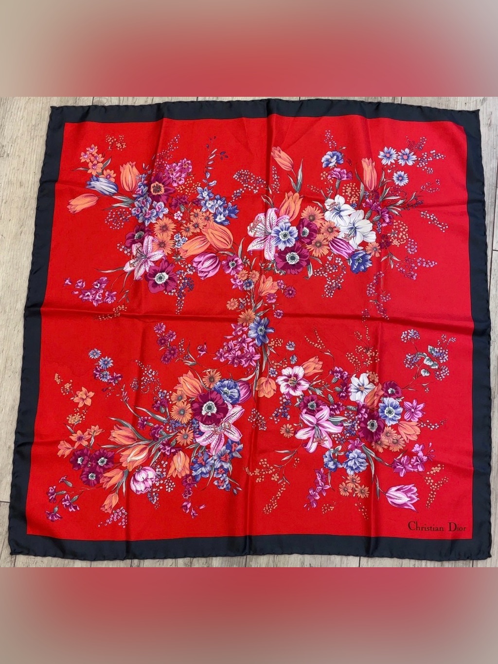 Christian Dior Vintage 80’s Rare Romantic 100% Silk Red Floral Square Scarf